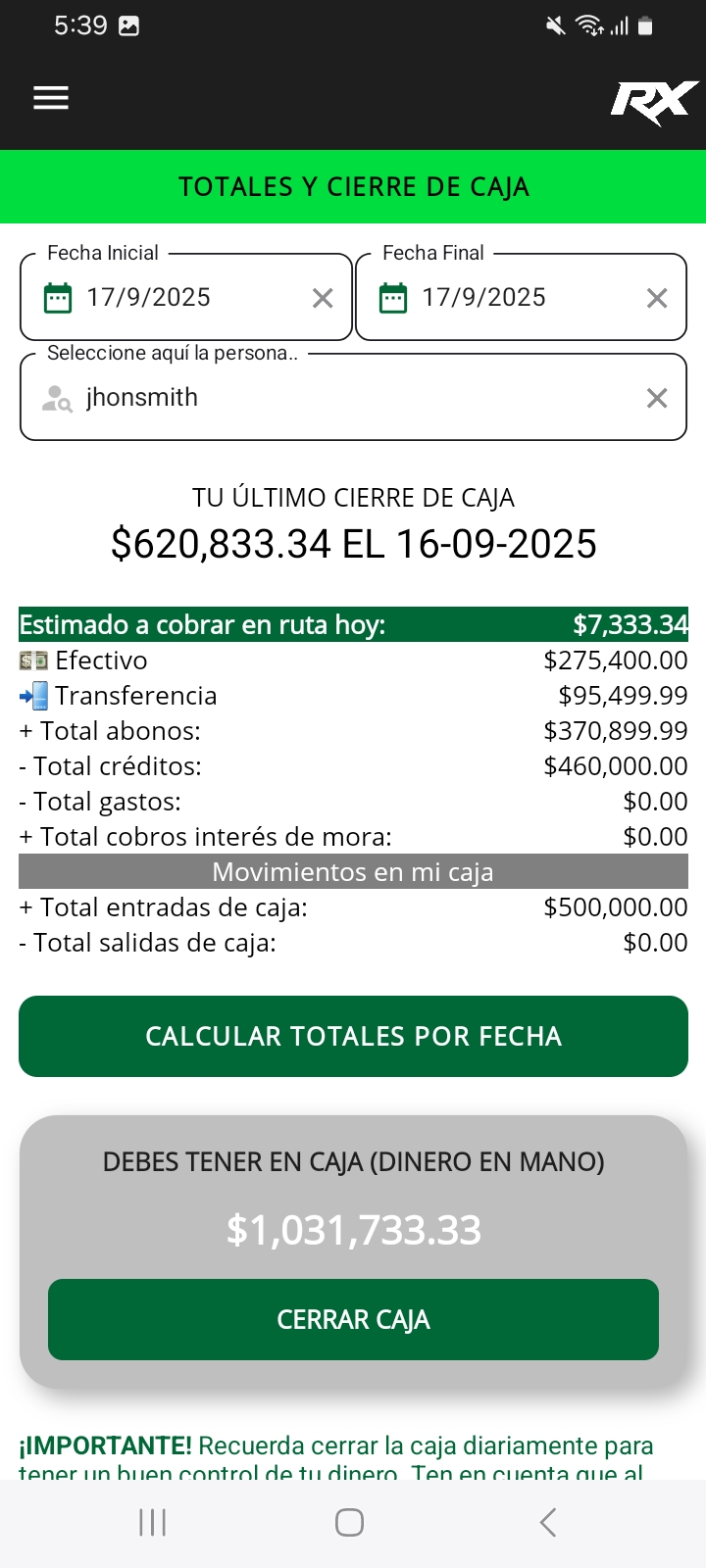 Pantallazo RX - cierre de caja y reportes