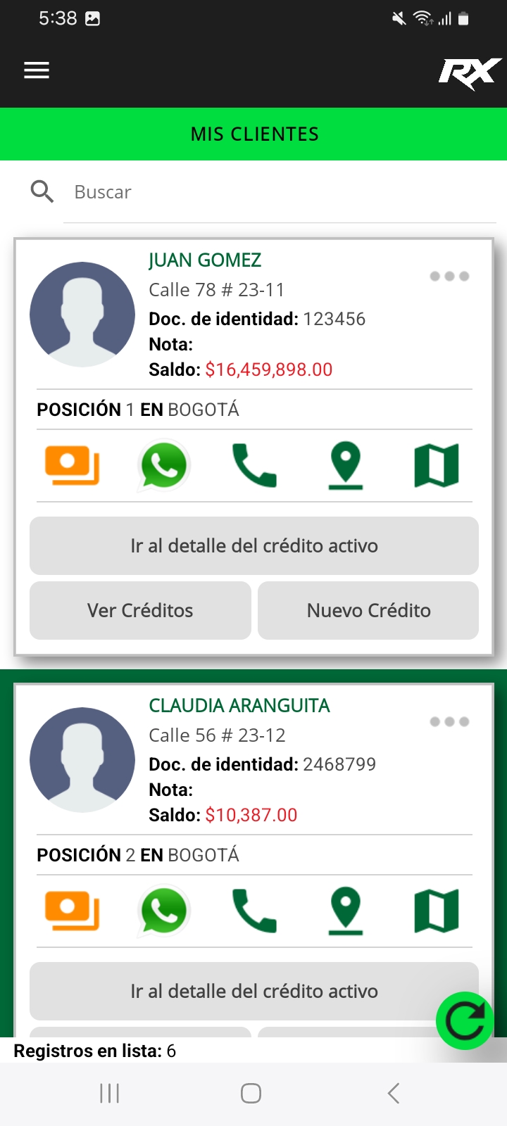 Pantallazo RX - gestión de clientes y créditos