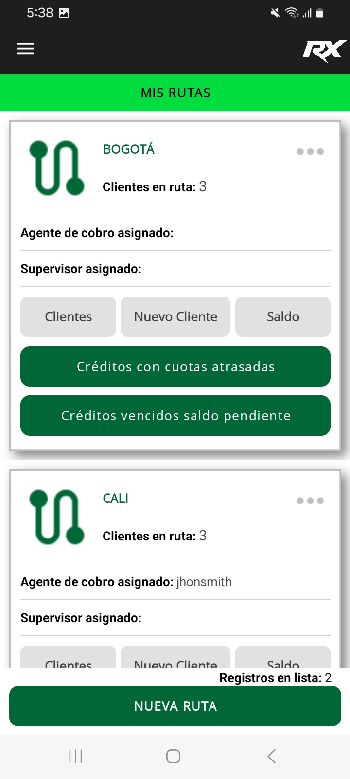 Pantallazo RX - rutas y recaudos diarios